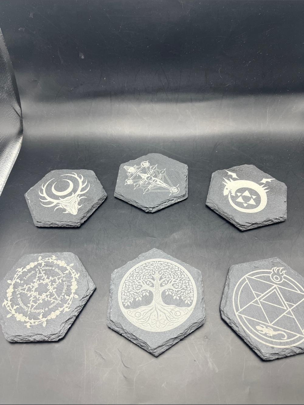 Set of 6 Hexagonal Slate Coasters with Etched Mystic Designs - Wiccan witch